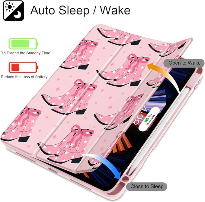 May Chen for iPad Pro 13 Inch Case M5 2025 / M4 2024, Built Pencil Holder & Clear Transparent Print Back Shell Slim Stand Shockproof Tablet Cover, Auto Wake/Sleep, Pink Boots Bows