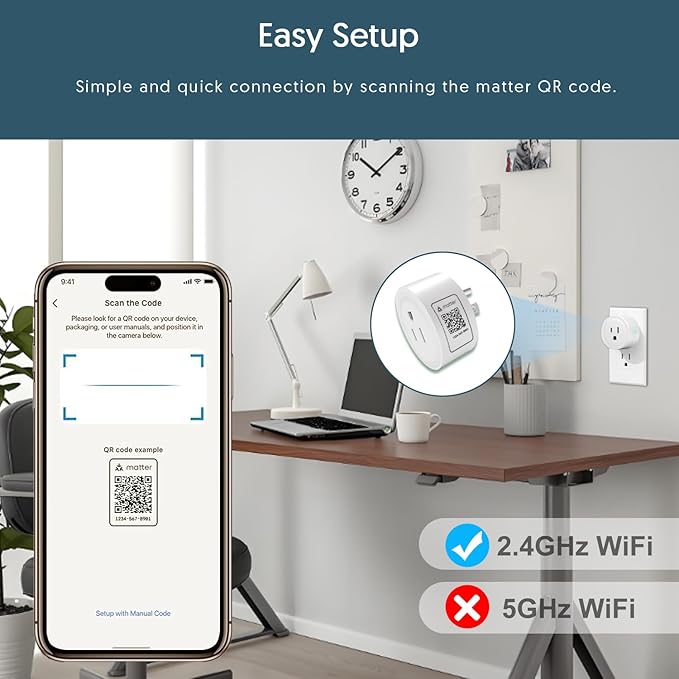 Smart Plug, Matter Compatible, Matter Hub Required, Easy Setup(FFS:Frustration-Free Setup), Work with Alexa, Google Home, Apple HomeKit(Siri)& SmartThings, 2.4 GHz Wi-Fi only (4 Pack)