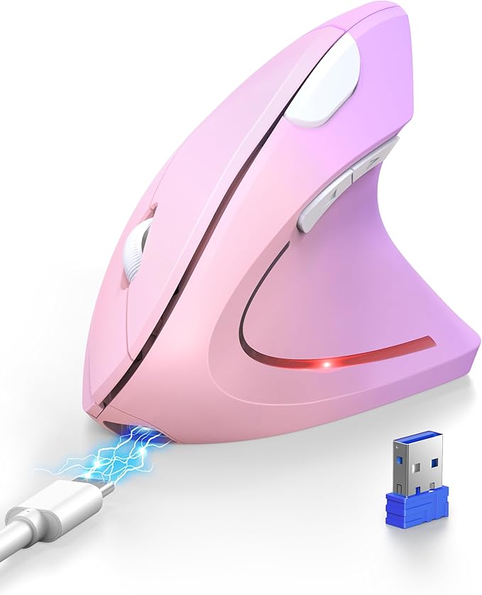 TECKNET Ergonomic Mouse Rechargeable Bluetooth - 4800 DPI Vertical Mice 6 Adjustable Levels, Wireless Optical Carpal Tunnel Mouse Right Hand, Multi Device for Laptop, PC, Computer - Pink Purple