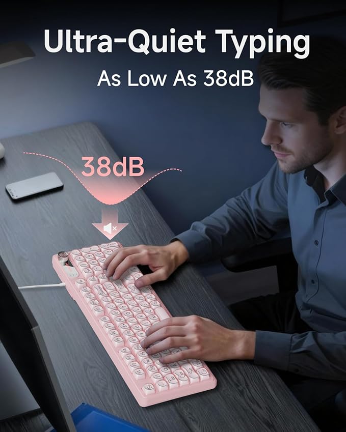 EWEADN V102 Wired Keyboard, 98 Keys Creamy Gaming Keyboard with Number Pad, Display Screen & Media Knob RGB Silent Wired Cute Computer Keyboard for Laptop PC Gamer - Pink