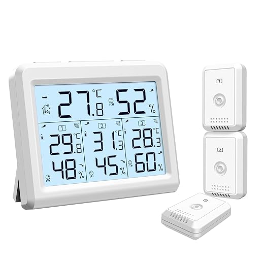 KeeKit Indoor Outdoor Thermometer, Digital Hygrometer Meter Gauge with 3 Wireless Sensors, Temperature Humidity Monitor with LCD Backlight, Min/Max Record for Home, Office, Restaurants, Bars, Café