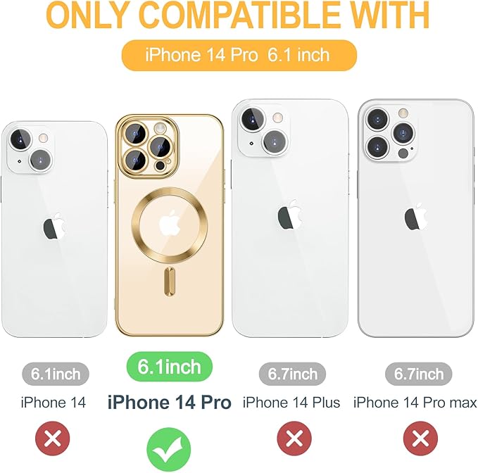 Hython Magnetic Clear for iPhone 14 Pro Case with Camera Lens Protector [Compatible with MagSafe] Luxury Plating Edge Slim Soft TPU Cover Protective Phone Case for iPhone 14 Pro 6.1", Gold