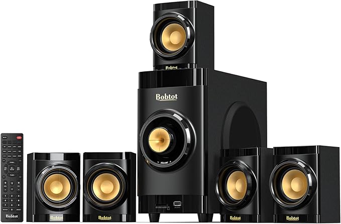 Bobtot Small Subwoofer Home Theater for TV Surround System 5 Wired Speakers Amplifier 4 inch Woofer Built-in Receiver Support ARC Optical Bluetooth Input for Projector