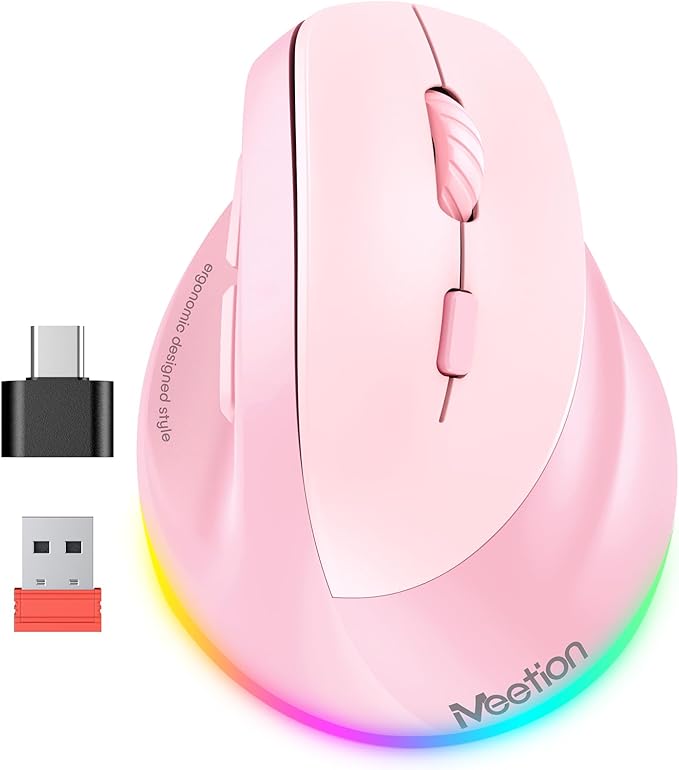 MEETION Ergonomic Mouse Wireless, Vertical Mouse RGB Backlit, Rechargeable Mice for Bluetooth(5.2 + 3.0) USB-A with Type-C Adapter, 4 Adjustable DPI, for Mac/Windows/Andriod/PC/Tablet/iPad Pink