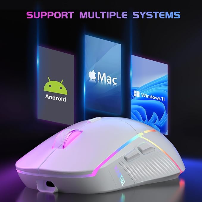 FFJ Wireless Gaming Mouse, 24000 DPI, Tri-Mode 2.4G/USB-C/Bluetooth 5.3 Gaming Mouse Wireless, RGB Programmable Mouse Gamer, 75Hrs Battery Life, Rechargeable Gaming Mice for PC, Mac, PS5, Xbox - White