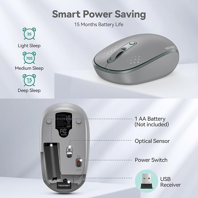 TECKNET Wireless Mouse, 2.4G Quiet Computer Mouse with USB Receiver, 4 Buttons Portable Cordless Mice for Chromebook, Laptop, PC, Mac, 800/1200/1600 DPI - Grey