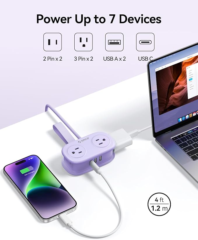 ORICO 4FT Purple Cruise Approved Travel Power Strip with 4 AC Outlets, 2 USB-A Ports, and 1 USB-C Port, 45° Flat Plug Extension Cord with Non Surge Protector for Travel/Home/Dorm/Office-AP3