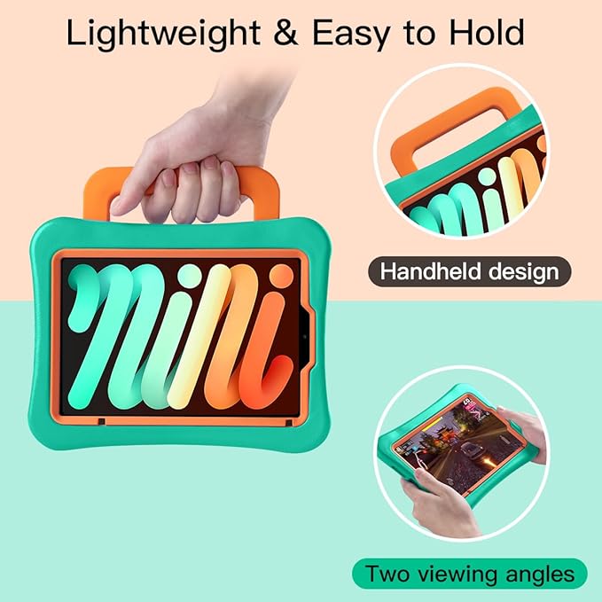 Kids Case for iPad Mini 7 A17 Pro 2024 /iPad Mini6 2021, Light Weight Heavy Duty/Shockproof/Drop Proof with Handle/Kickstand, Child Friendly Cover for iPad Mini 7th/6th Gen 8.3inch (mint green)