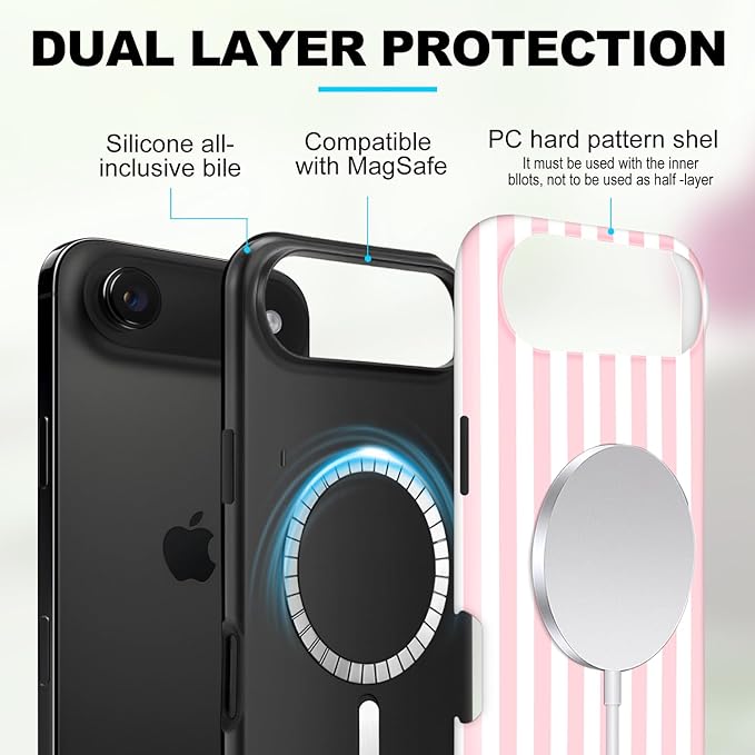 Magnetic for iPhone 17 Air Case Cute Stripes Phone Case, Shockproof Slim TPU and Hard PC Protective Phone Cover Compatible with MagSafe Designed for Women Girls, Pink and White