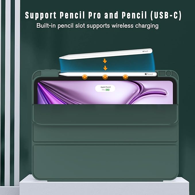ZryXal New iPad Air 13 Inch Case M3 2025/M2 2024 with Pencil Holder, Trifold Stand Smart Case with Soft TPU Back,Auto Wake/Sleep(Midnight Green)
