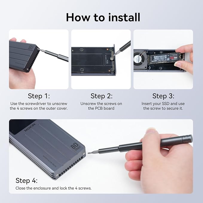 MOKiN 80Gbps M.2 NVMe SSD Enclosure with LCD Display, Cooling Fan, PCIe Gen5, M.2 Enclosure Compatible with Thunderbolt 5/4/3 & USB4/3.1/3/2, Supports NVMe 2280/2260/2242/2230 SSDs up to 8TB