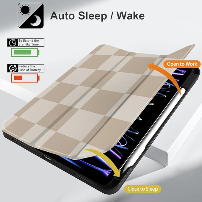 DONGKE Case for 2022/2021/2020/2018 iPad Pro 11 inch Gen 4/3/2/1 - Slim Protective Case - Built in Pencil Holder Support Charging - Trifold Stand & Sleep/Wake Cover- Beige Chessboard
