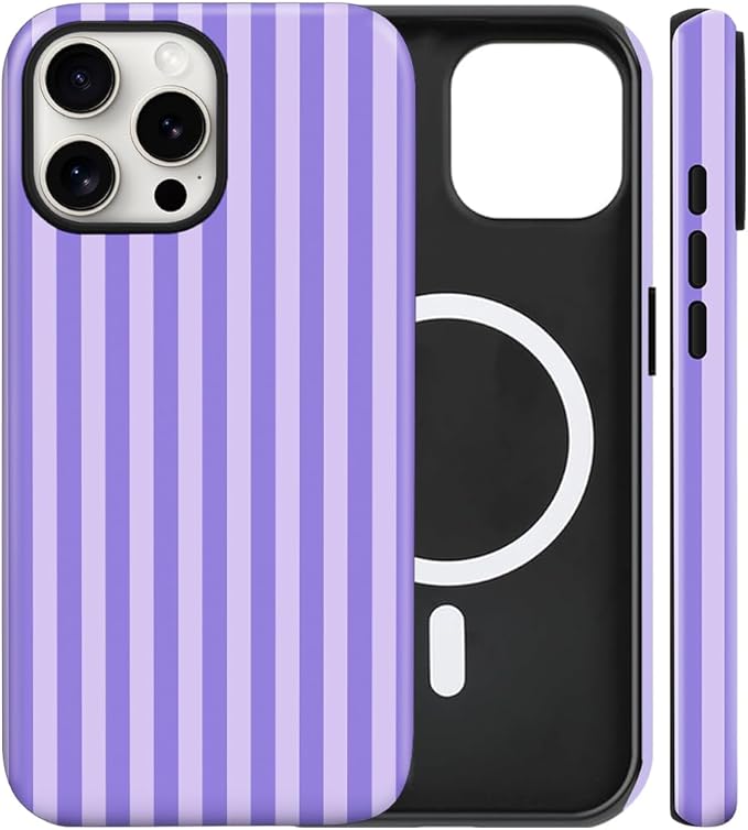 Magnetic for iPhone 16 Pro Case Cute Stripes Phone Case, Shockproof Slim TPU and Hard PC Protective Phone Cover Compatible with MagSafe Designed for Women Girls, Light Purple