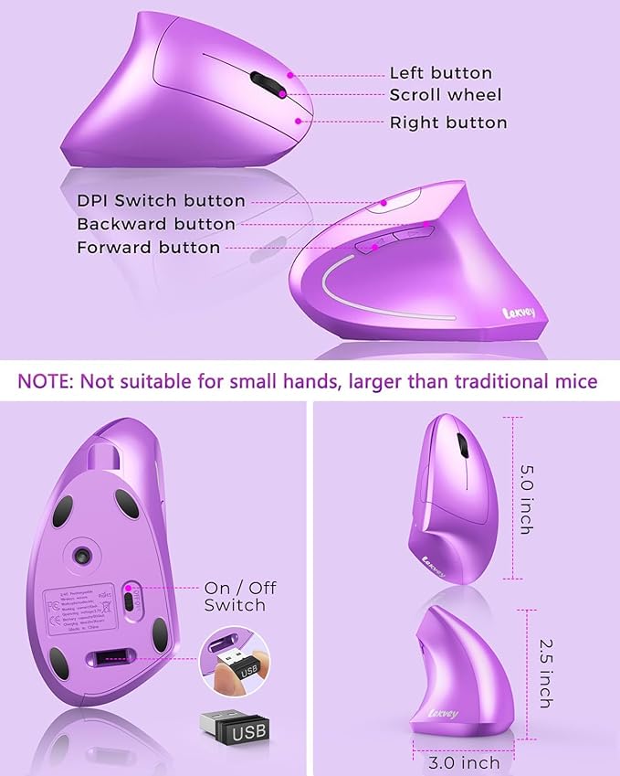 Lekvey Ergonomic Mouse, Wireless Vertical Mouse Rechargeable 2.4 GHz Optical Carpal Tunnel Mice : 800/1200 / 1600 DPI, 6 Buttons, for Laptop, PC, Mac, Computer, Desktop, Notebook etc, Purple
