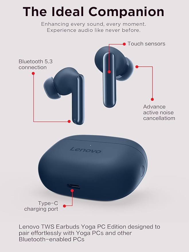 Lenovo TWS Earbuds Yoga PC Edition Cosmic Blue Active Noise Cancellation Bluetooth 5.3 Wireless Earbuds ENC 3-Mic Clear Calls AI EQ Mode Switch for Gaming, Movies, Music, and Meetings