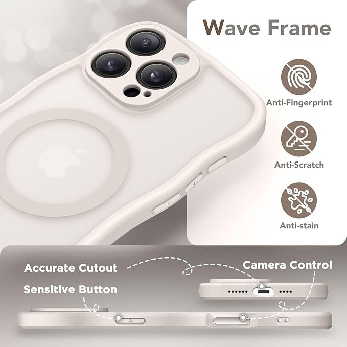 CAPRARO for iPhone 16 Pro Case for Women Girls, Upgraded [Full Camera Protection] [Compatible with MagSafe] Cute Wave Translucent Matte Phone Case for iPhone 16 Pro, Stone