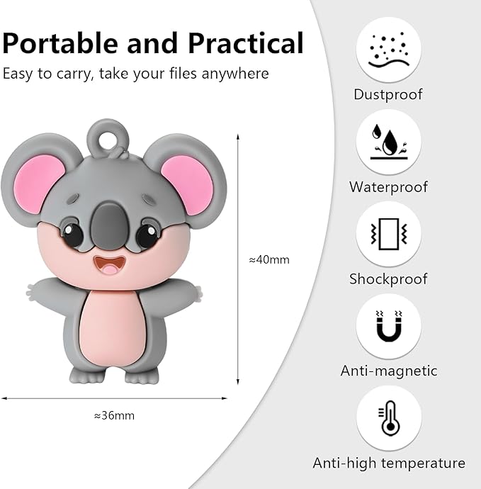 USB Flash Drives, 16GB/32GB/64GB/128GB Silicone USB2.0 High Speed Thumb Memory Stick Pen Date Storage Pendrive U Disk (Cute Koala, 64GB)