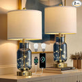 Oneach 22" Glass Table Lamps Set of 2, Blue Modern Bedside Lamp with LED Night Light for Living Room, Nightstand Lamp with USB Ports for Bedrooms, Study Room, End Table(2 Bulbs Included)