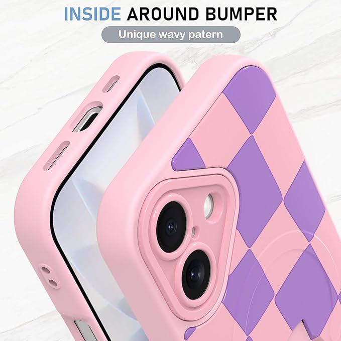KANGHAR Compatible with iPhone 17 Case, Support for MagSafe, Silicone Checkered Cute Pattern, Wristband Kickstand Camera Protection Soft Slim Cover for Girls Women -Pink
