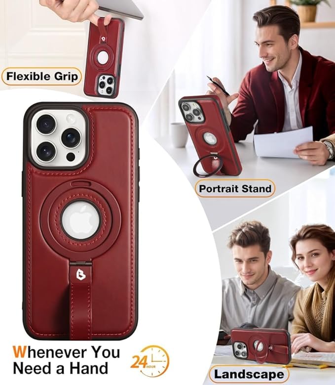 Butaiga for iPhone 15 Plus/iPhone 14 Plus Leather Case with Stand, Anti-Slip Grip Ring, Fits for MagSafe (Burgundy, iPhone 15/14 Plus)