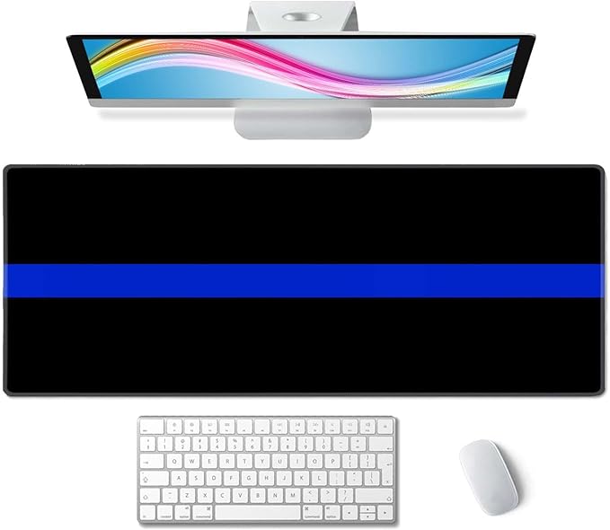 Extended Gaming Mouse Pad Big, Thin Blue Line Long Mouse Pad Large, 31.5x11.8in Non-Slip Rubber Base Black Mousepad, Stitched Edges Keyboard Mouse Mat Desk Pad