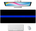 Extended Gaming Mouse Pad Big, Thin Blue Line Long Mouse Pad Large, 31.5x11.8in Non-Slip Rubber Base Black Mousepad, Stitched Edges Keyboard Mouse Mat Desk Pad