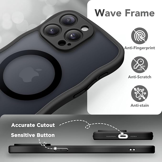 CAPRARO Cute for iPhone 14 Pro Case, Compatible with MagSafe, [Curly Wave Edge] [Full Camera Protection] [14 FT Drop Protection] Magnetic Phone Case for 14 Pro 6.1 Inch, Black