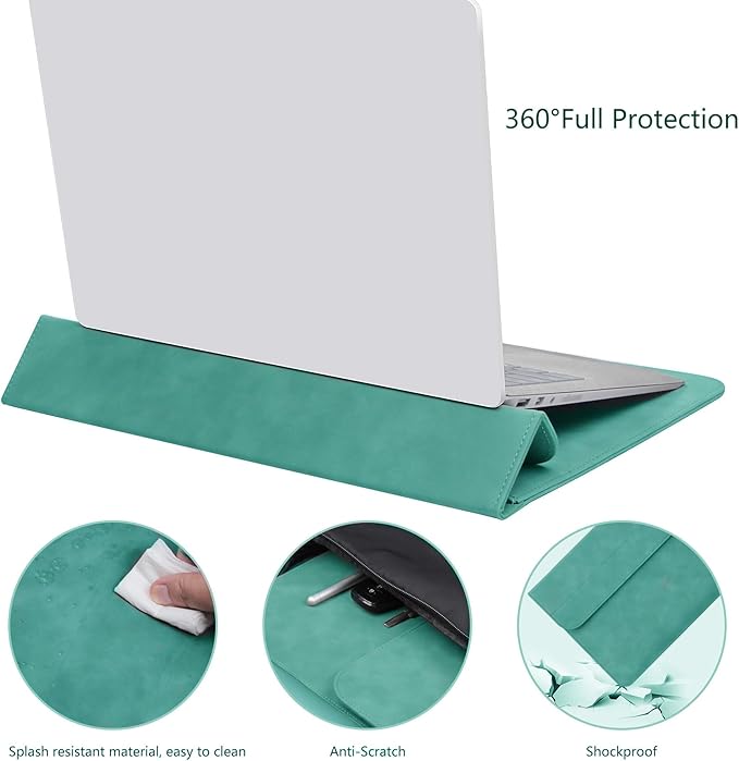 Megoo 15" Slim Laptop Case Sleeve with Stand for Samsung Galaxy Book 15.6", MacBook Air 15.3"/Pro 16.2", Microsoft Surface Laptop 7/6/5 15.6", Leather Case for 15" 16" Chromebook Notebook(Cyan)