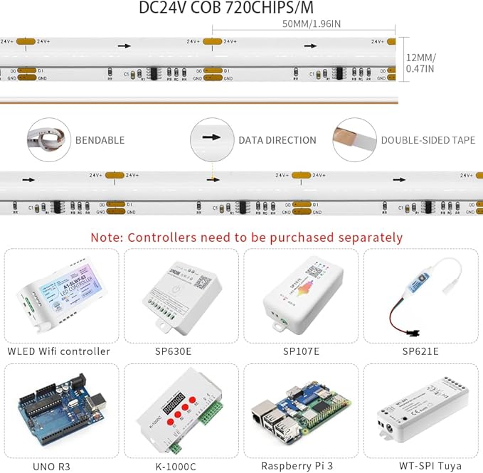 Smart WS2811 IC RGB COB LED Strip 16.4FT/5M, 720LED/m 20IC/M 12mm Width High Density Uniform Chasing Color Light DC24V White PCB Flexible Tape Light(No Adapter or Controller)