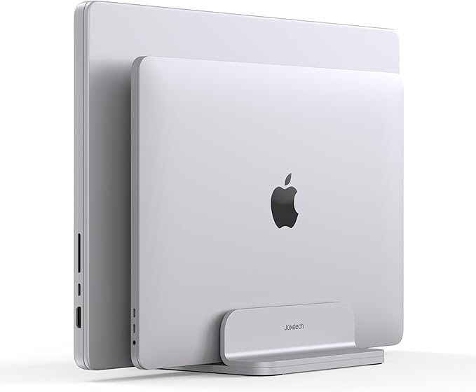 JOKItech Double Aluminum Laptop Vertical Stand Organizer, Sturdy Notebook Computer Holder Stand Compatible with New Liquid Retina XDR Apple MacBook Air/Pro/Neo, Mac mini, Apple TV & iPad Pro - Silver