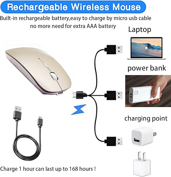 PeiBO Bluetooth 5.2 Wireless Mouse, Gold, Rechargeable, Ergonomic Design, Compatible with Laptops and Tablets