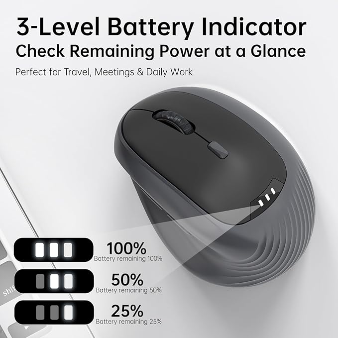 PYP Ergonomic Vertical Wireless Mouse, Bluetooth 5.2/5.0 & 2.4G Tri-Mode, Type-C Rechargeable with Power Display, 6-Level Adjustable 8,000 DPI, Lightweight Quiet Click for Laptop Mac - Matte Black