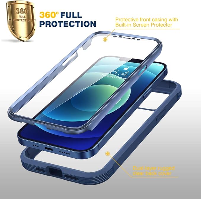 Diaclara Designed for iPhone 12/12 Pro Case, Full Body Rugged with Built-in Touch Sensitive Anti-Scratch Screen Protector, Soft TPU Bumper Case for iPhone 12/12 Pro 6.1" (Dark Blue and Clear)