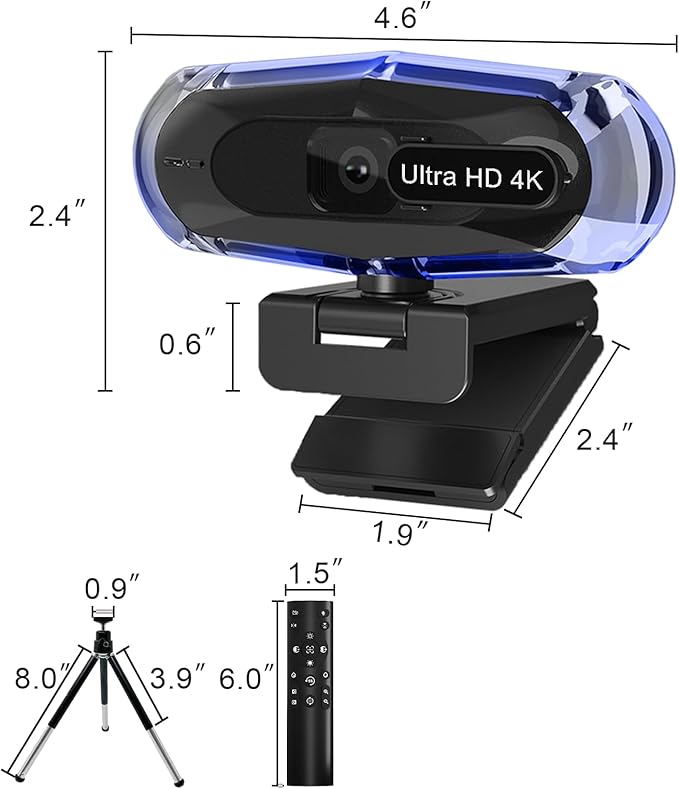 4K Webcam for PC, 4K Webcam with Remote Control and RGB Light, Autofocus Streaming Camera for PC/Mac, Plug and Play Computer Camera for Zoom/Skype/YouTube/Meeting