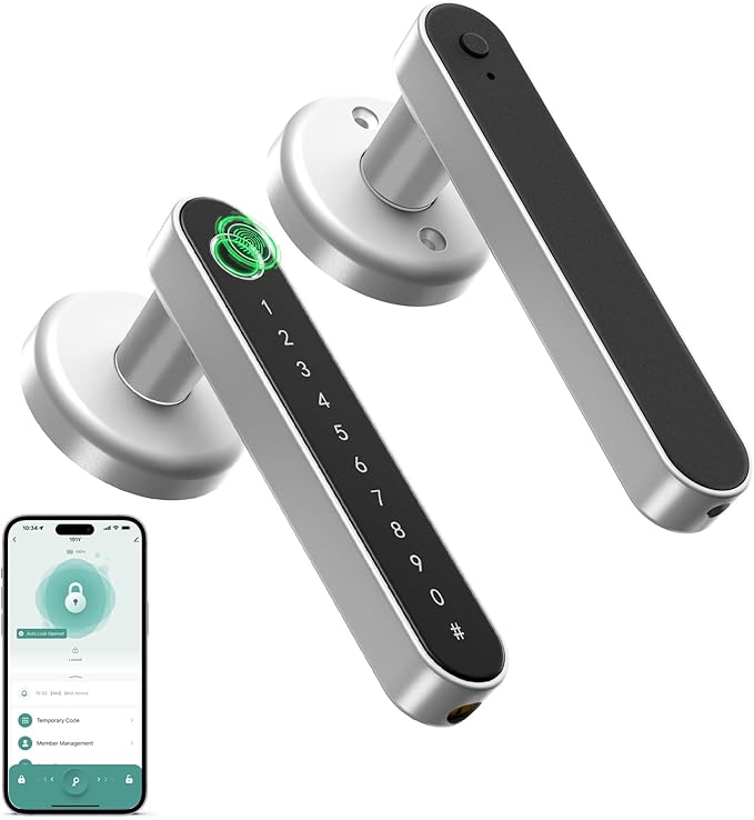 IRONZON Fingerprint Door Handle for Bedrooms - 190Y 4-in-1 Fingerprint Door Lock with Keypad and App Control, Smart Knob for Bedroom with Key, Keyless Entry Door Handle - Silver
