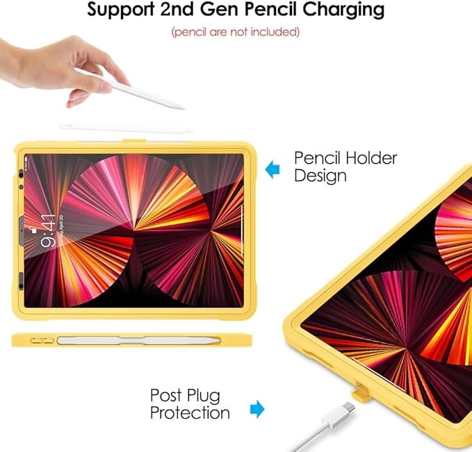 DTTO for iPad Pro 11 inch Case 2022(4th Gen)/2021(3rd Gen), [Screen Protector] Dual Layer Full Body Protection Cover with Pencil Holder, Also Fit iPad Pro 11'' 2020&2018/iPad Air 5/Air 4 - Yellow