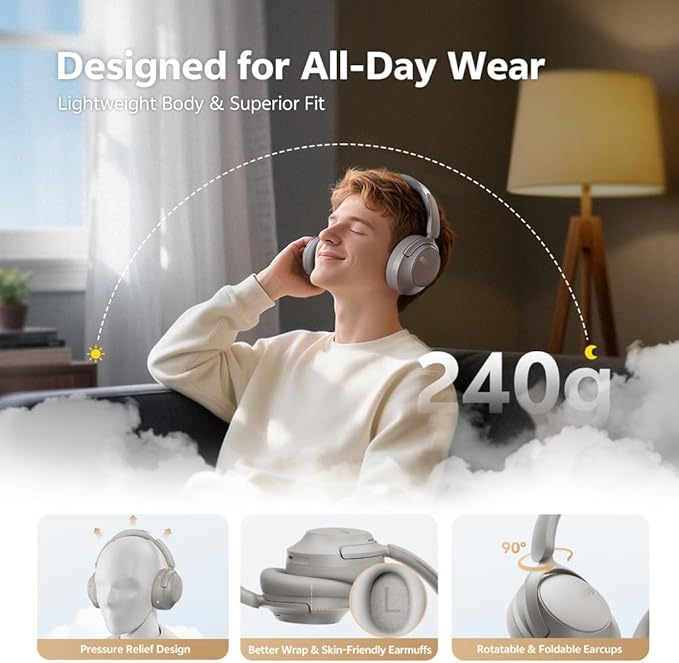 QCY H3S Wireless Over-Ear Headphones, Hybrid Active Noise Cancelling Headphones, Hi-Res Wireless, 102H Playtime, Fast Charging, Comfort Fit, Dual Connection, Bluetooth 6.0(Grey)