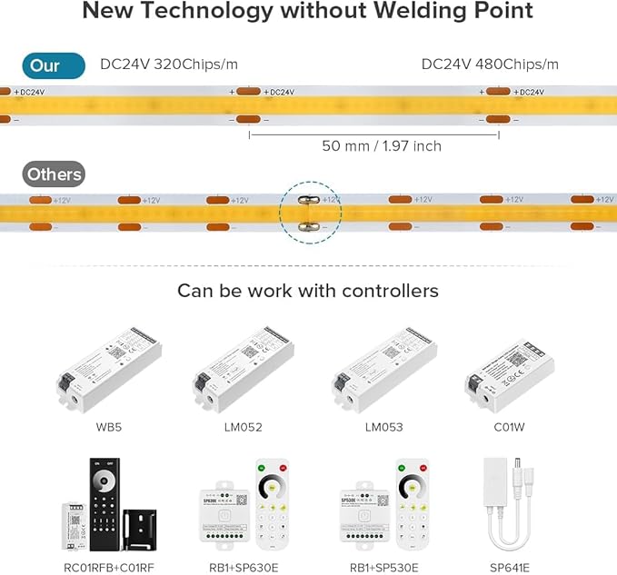 16.4FT IP65 Waterproof COB LED Strip 3000K 480LEDs/m Flexible High Density Uniform Bright LED Lights 9W/m, Dimmable 8mm DC24V COB Strips for Home Indoor Decoration, NO Power and Controller