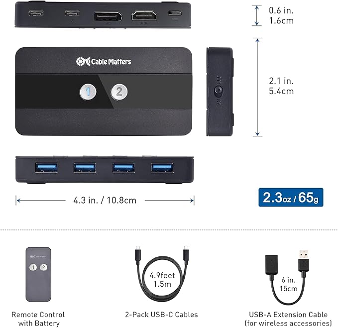 Cable Matters Dual 4K 60Hz USB C KVM Switch for 2 Computers 2 Monitors (Not Work with Desktop PCs or Chromebooks) with RF Remote Control, HDMI, DisplayPort & 4X USB 3.0 Compatible with Thunderbolt 4