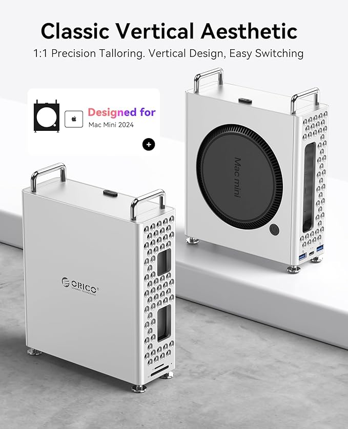 ORICO MiniPro Aluminum Docking Stand for Mac mini M4, 5-in-1 USB-C Hub with 10Gbps Transfer, Tool-Free Setup, Soft Silicone Protection, All-in-One Expansion Dock (MS10-5P)