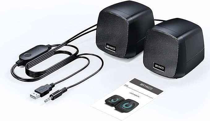 Computer Speakers for Desktop PC, 2.0 Stereo USB-Powered Speakers with 3.5mm AUX, in-Line Volume Control with LED Lights, Compact Plug and Play Speakers for Students, Teens, Monitor, Laptop