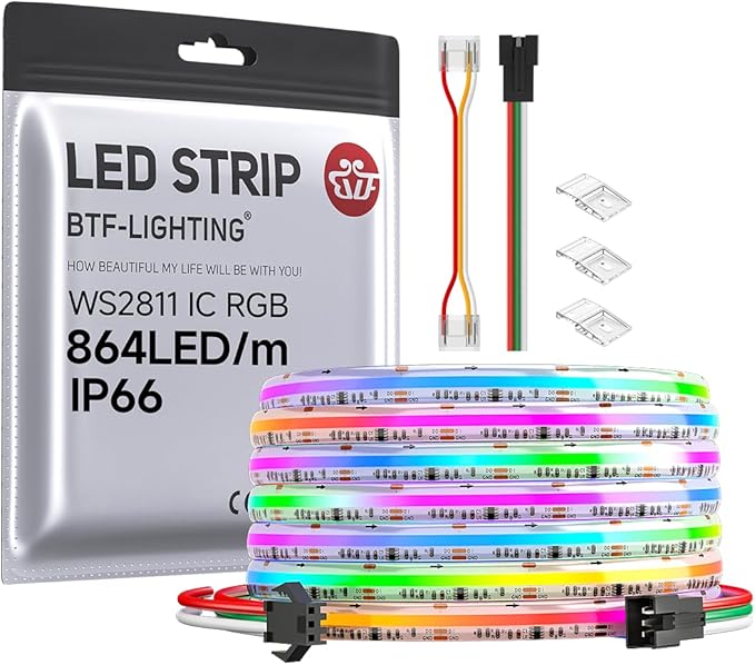 BTF-LIGHTING FCOB IP66 WS2811 IC RGB COB LED Strip 864LED/m Flexible High Density Color Chasing Uniform Light DC24V 16.4FT 24IC/m 12mm Width for Lighting Project(No Adapter or Controller)