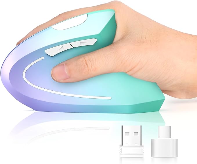 Lekvey Ergonomic Mouse, USB C Wireless Vertical Mouse, Dual Mode Rechargeable USB-A & Type-C Ergo Mouse, 1600 DPI, Relieves Wrist Pain and Carpal Tunnel, for Laptop Computer Mac MacBook, Purple Green