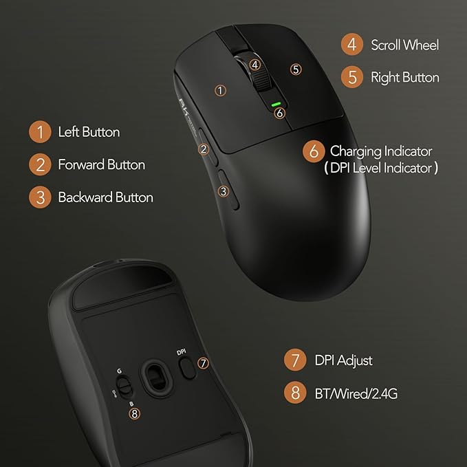 RK ROYAL KLUDGE RK MO3 Wireless Gaming Mouse, 48g Lightweight Computer Mouse, Bluetooth/2.4G/Wired Rechargeable PC Game Mice with Programmable Buttons, 6000 DPI, PAW3809 Sensor for Laptop/Mac, Black