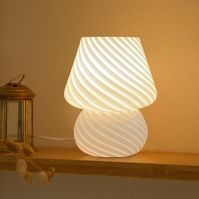 ONEWISH Mushroom Lamp-Small Bedside Table Lamp with Striped Glass, Nightstand Lamp for Bedroom, Living Room, 3000K E26 Bulb Included(White)