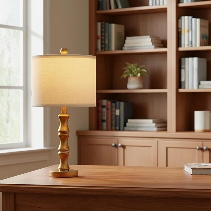 BOBOMOMO 20.5" Vintage Nightstand Lamps Set of 2, Farmhouse Table Lamps with Antique Gold Resin Base & Linen Shade, Small Bedside Lamp for Bedroom, Living Room, Office & Elegant Home Décor