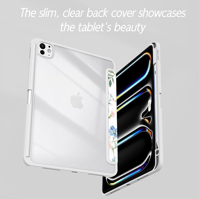 Case for iPad Pro 11-Inch M5/M4 2025/2024 (6th/5th Generation), Case with Pencil Holder, Clear Back Cover Cute Cool Design for Women Girls, Auto Sleep/Wake, Blue Pink Flower