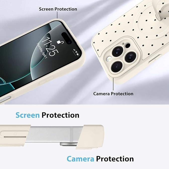 KANGHAR Compatible with iPhone 16 Pro Case, Support for MagSafe, Silicone Spot Cute Pattern, Wristband Kickstand Camera Protection Soft Slim Cover for Girls Women -White