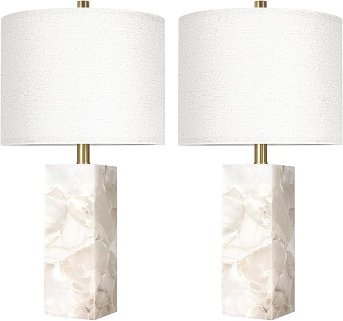 Scenekoy Alabaster Table Lamp Set of 2 with Night Light for Bedroom Living Room, 23" Rotary Switch Bedside Lamp with Linen Shade, Modern Nightstand Lamps for Room Office Dorm (Bulb Included)