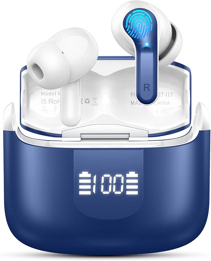 Wireless Earbud Bluetooth 5.4 Headphones, Hi-Fi Stereo Ear Buds with 4 ENC Cancelling Mics, 40H in-Ear Earphones IP7 Waterproof Sports, LED Display, Mini Headset for Laptop Pad TV Phones, Deep Blue